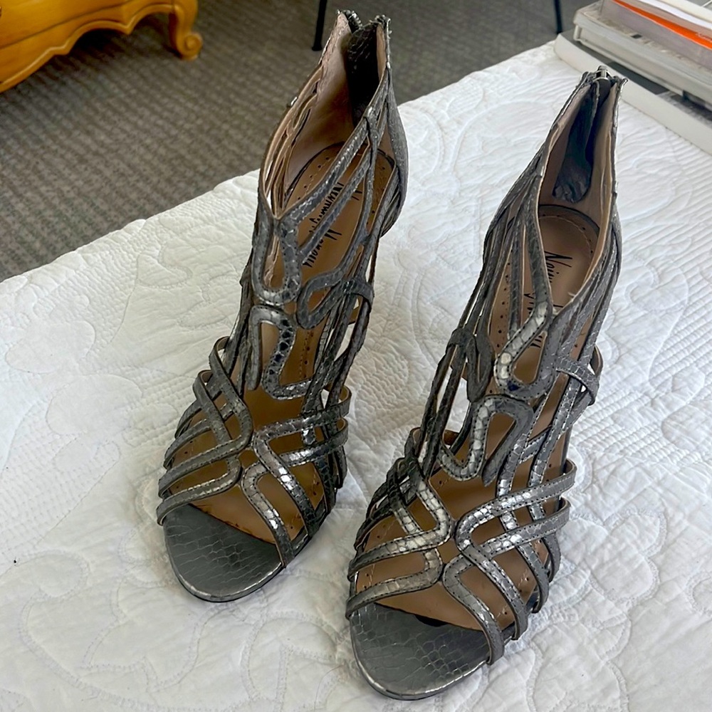 Size 8 silver snake skin heels